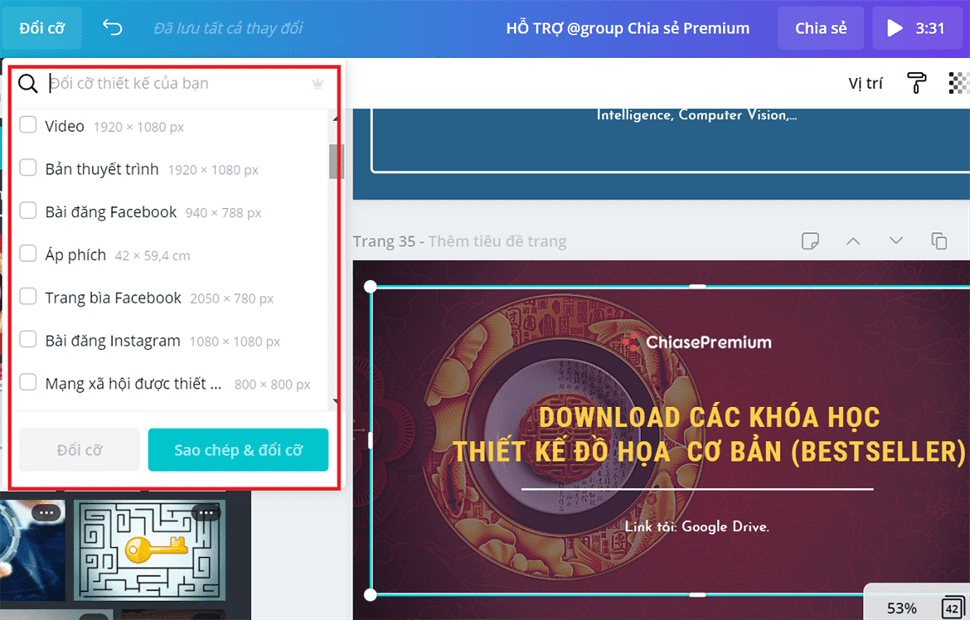 Tài khoản Canva Pro cho phép bạn thay đổi kích thước thiết kế bất kỳ lúc nào