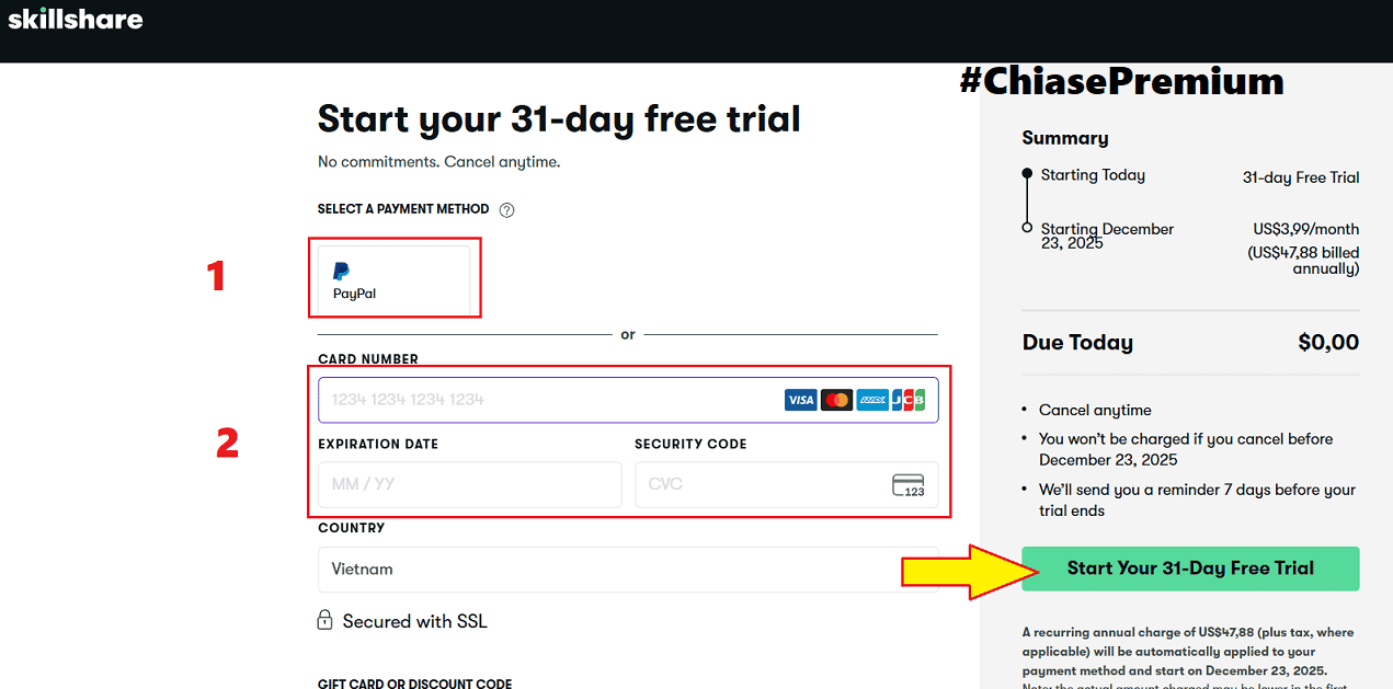 Xác nhận thông tin thanh toán Skillshare premium miễn phí 1 tháng.