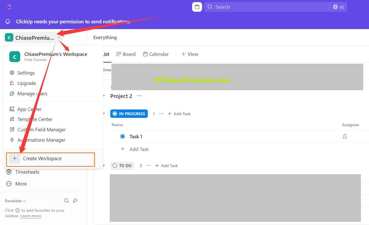 Tạo ClickUp Workspace mới, tách biệt hoàn toàn.