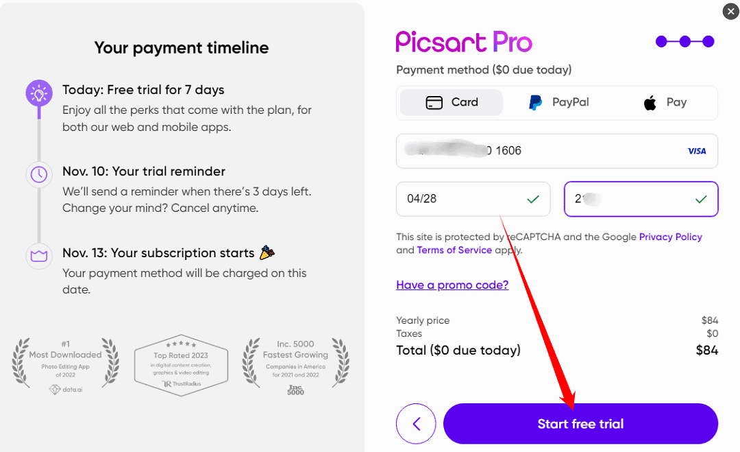 Xác thực thanh toán Picsart Pro
