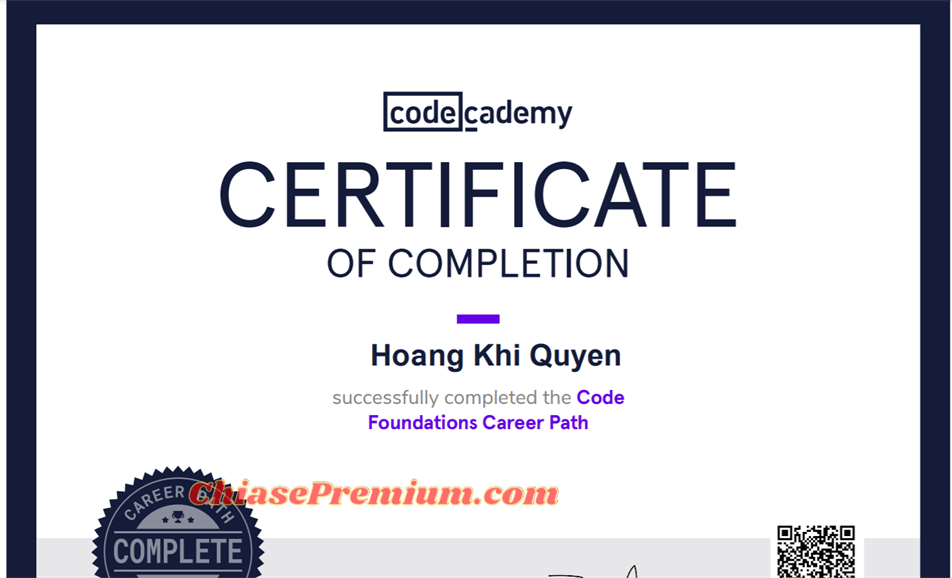 Chứng chỉ hoàn thành khóa học trên CodeCademy (bạn có thêm chứng chỉ này vào profile trên Linkedin)