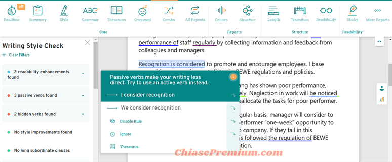 ProwritingAid Pro cung cấp các gợi ý chỉnh sửa văn bản tương đương Grammarly