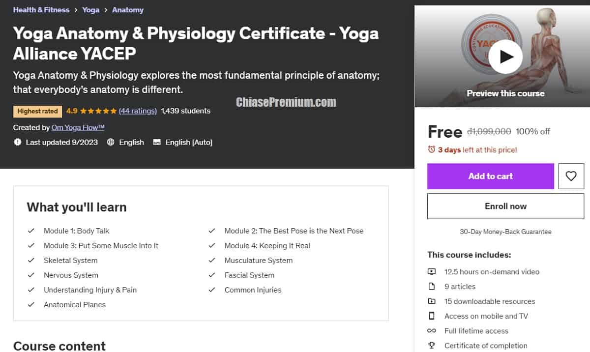 Yoga Anatomy & Physiology Certificate - Yoga Alliance YACEP