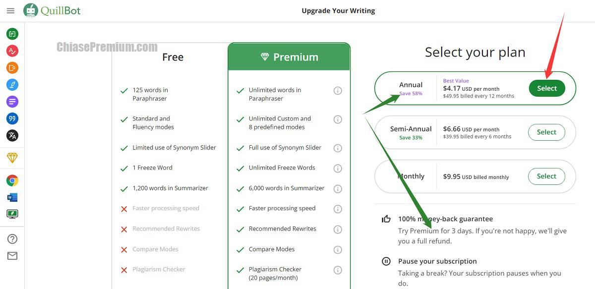 Chọn gói đăng ký QuillBot premium