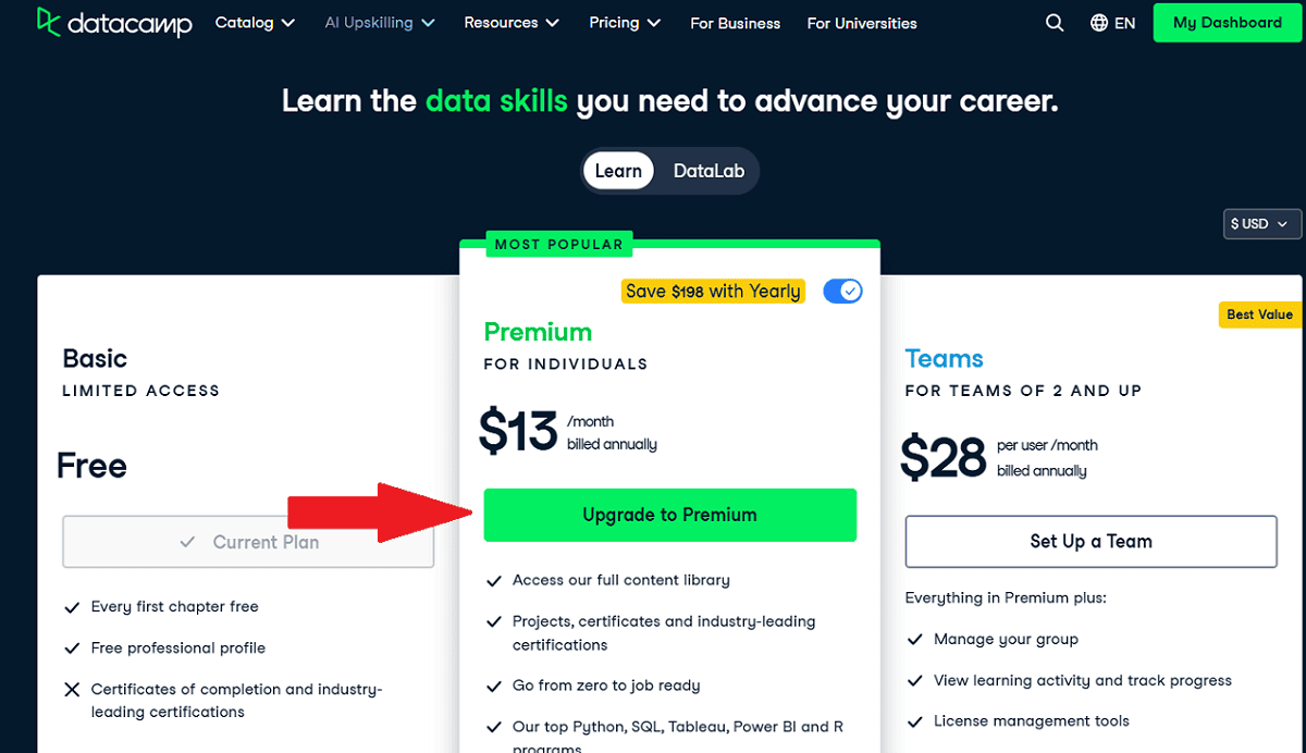 Nâng cấp tài khoản DataCamp Premium