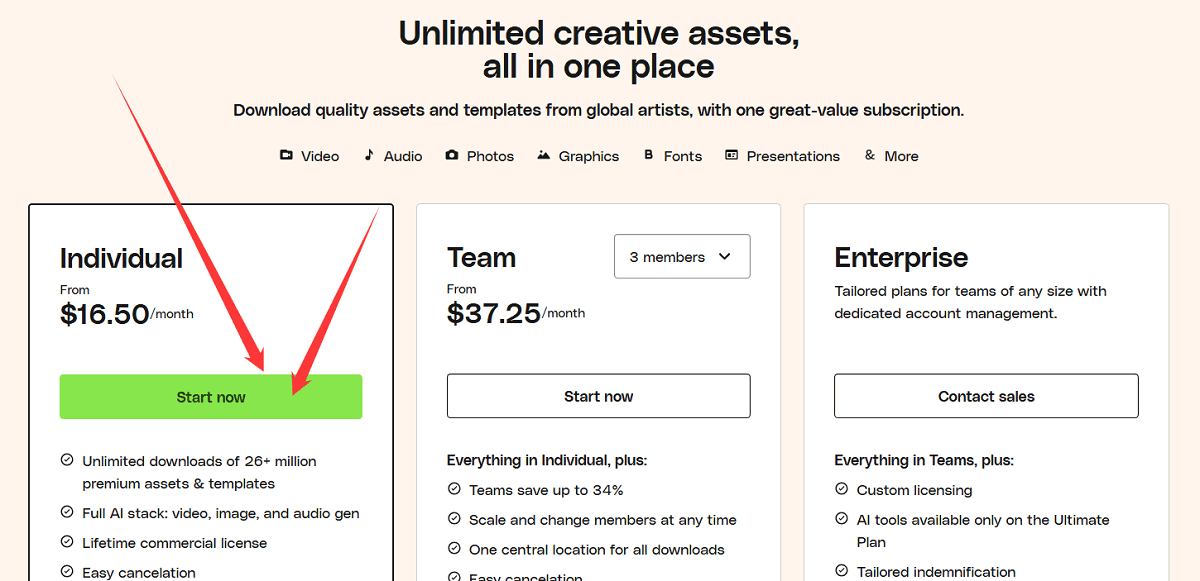 Bắt đầu đăng ký tài khoản Envato Elements.