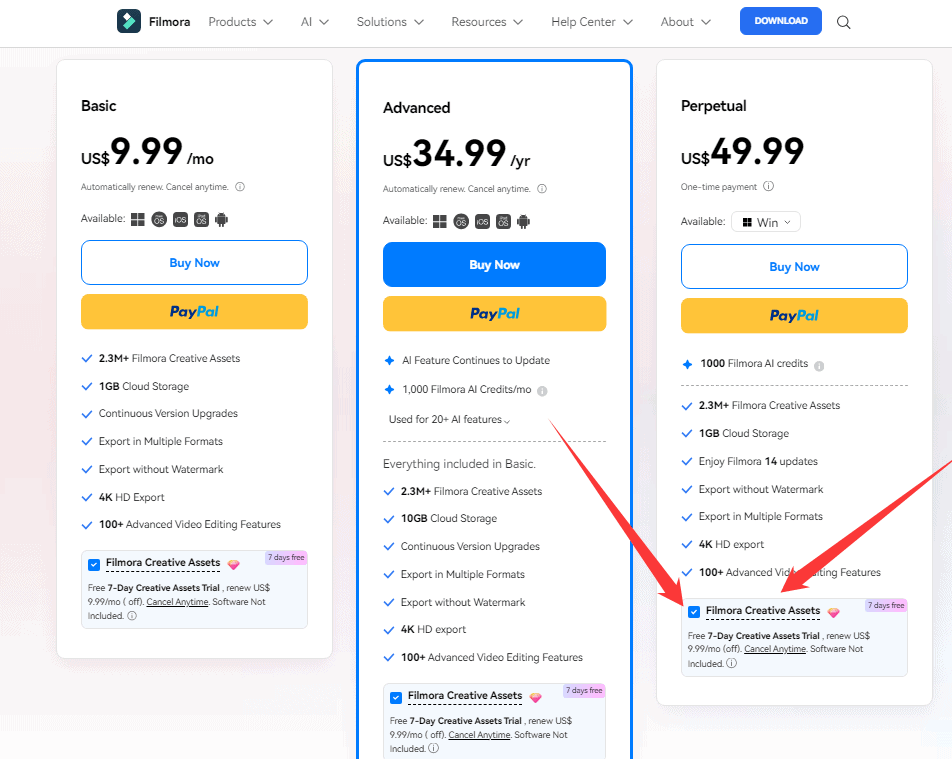 Chú ý: bỏ chọn "Filmora Creative Assets"
