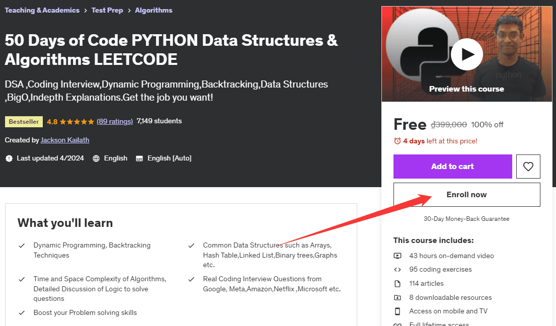 50 Days of Code PYTHON Data Structures & Algorithms LEETCODE