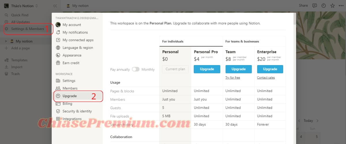 Cách nâng cấp gói Personal Pro trên Notion