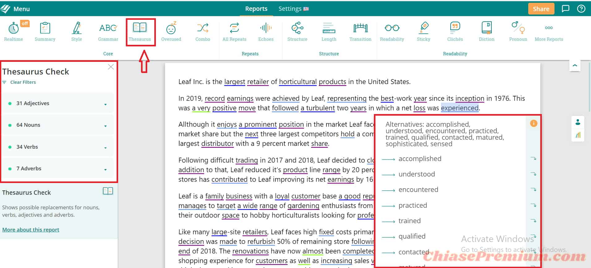 Báo cáo và đề xuất từ tính năng Thesaurus