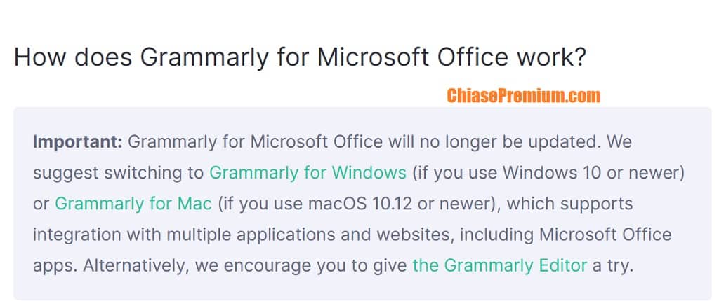 Grammarly sẽ không cập nhật Grammarly for Microsoft Office