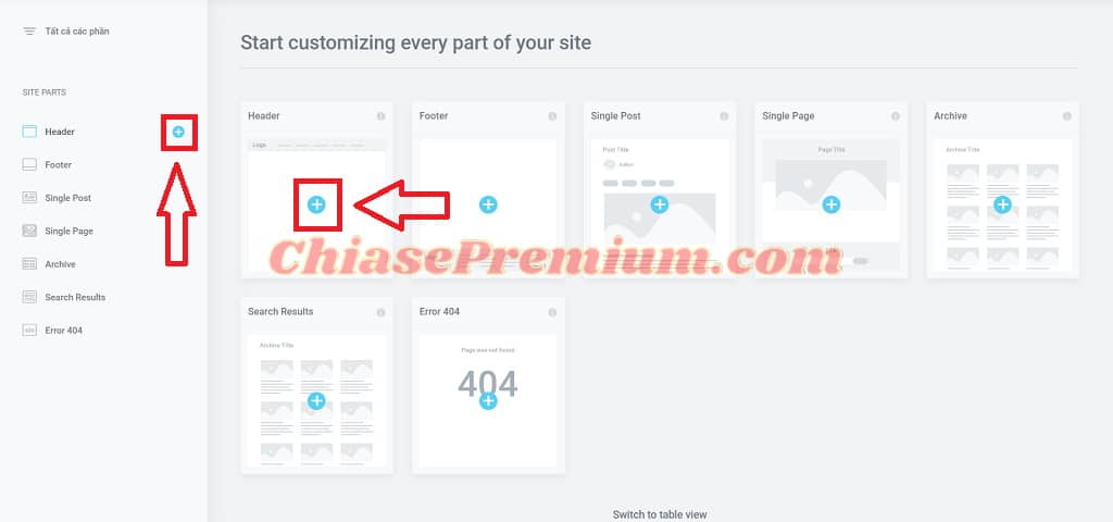 Click vào biểu tượng dấu + ở phần muốn tạo để tạo và tùy chỉnh phần trang tương ứng.