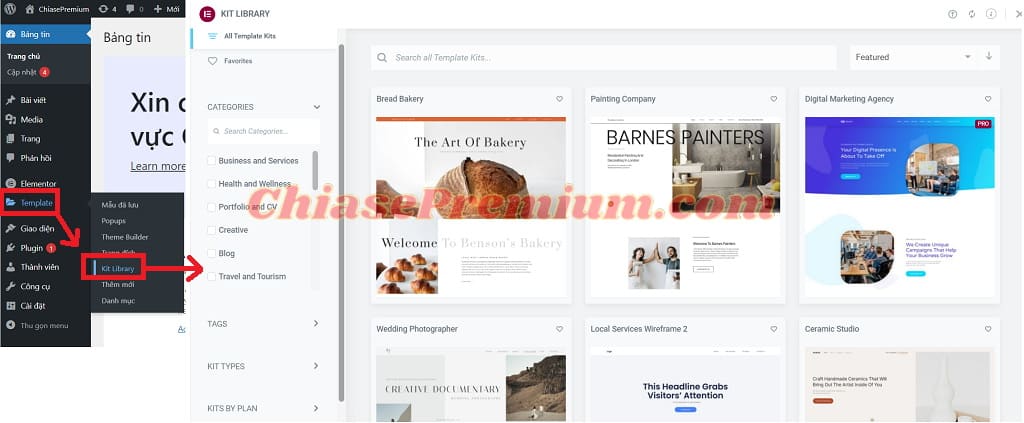 Bạn cũng có thể tìm kiếm và lựa chọn template từ Kit Library trong bảng điều khiển WordPress.