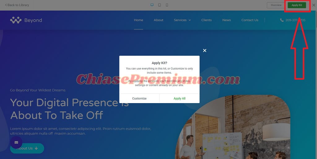 Click vào nút “Apply Kit” để bắt đầu chỉnh sửa nội dung template.