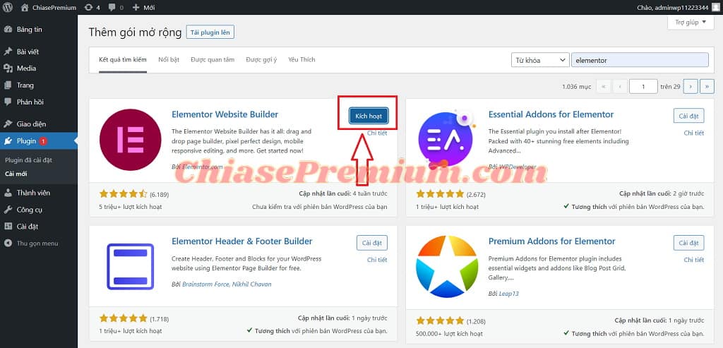 Click “kích hoạt” để kích hoạt plugin Elementor.