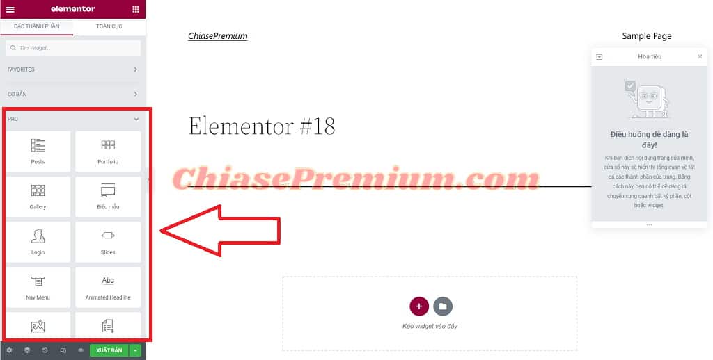 Giao diện trình tạo và chỉnh sửa website của Elementor Pro.