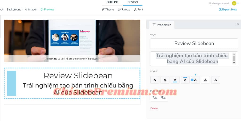 Bạn có thể trang trí và nhấn nhá nội dung bằng một số điều chỉnh của Slidebean nhanh chóng và dễ dàng.