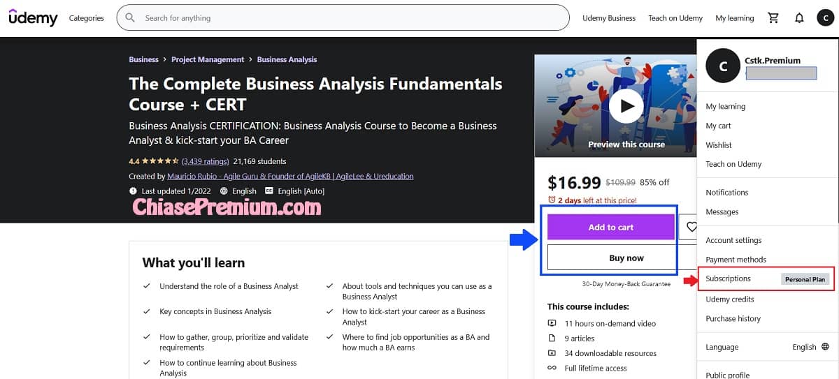 bạn không thể truy cập mọi khóa học với gói đăng ký Udemy Personal Plan | ChiasePremium.com