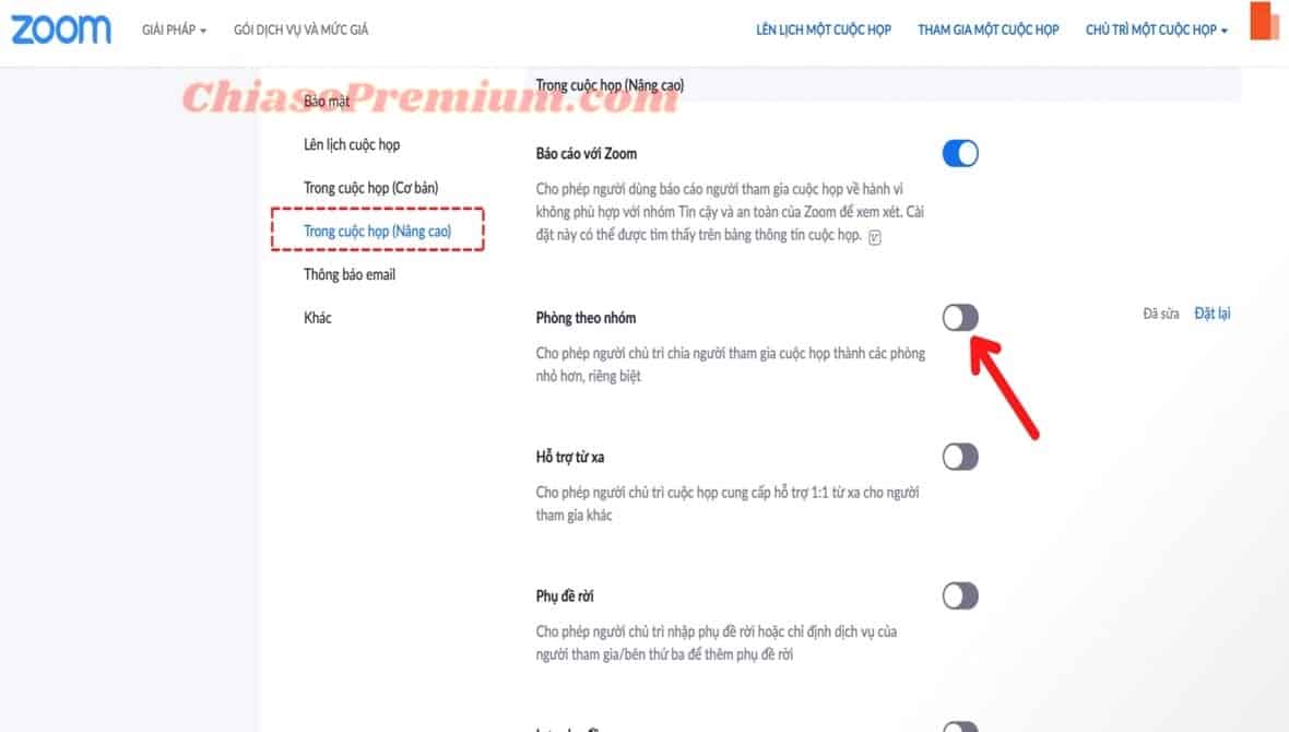 Chọn chức năng "Phòng theo nhóm" trong mục "Trong cuộc họp (Nâng cao)"