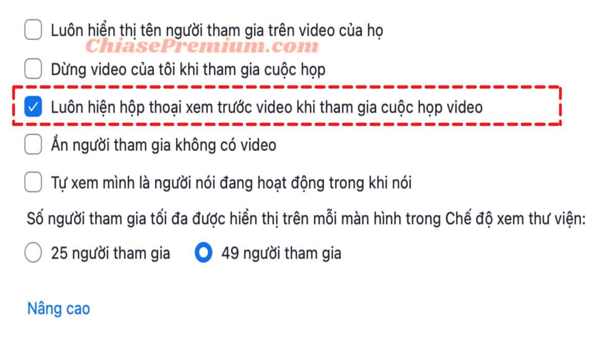 Tích chọn vào dòng "Ẩn người tham gia không có video"