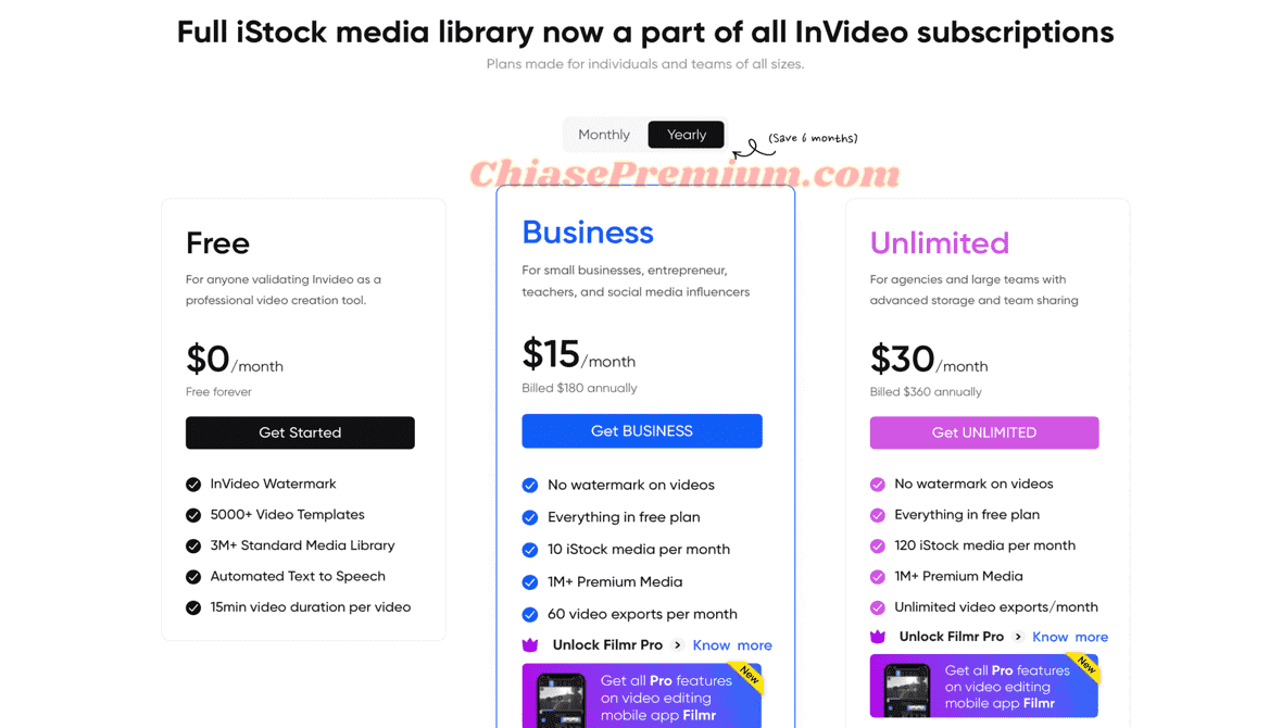 Các gói đăng ký của Invideo.io: Free, Business và Unlimited.