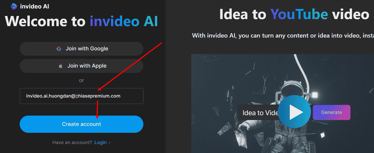 Hướng dẫn tạo tài khoản InVideo AI miễn phí