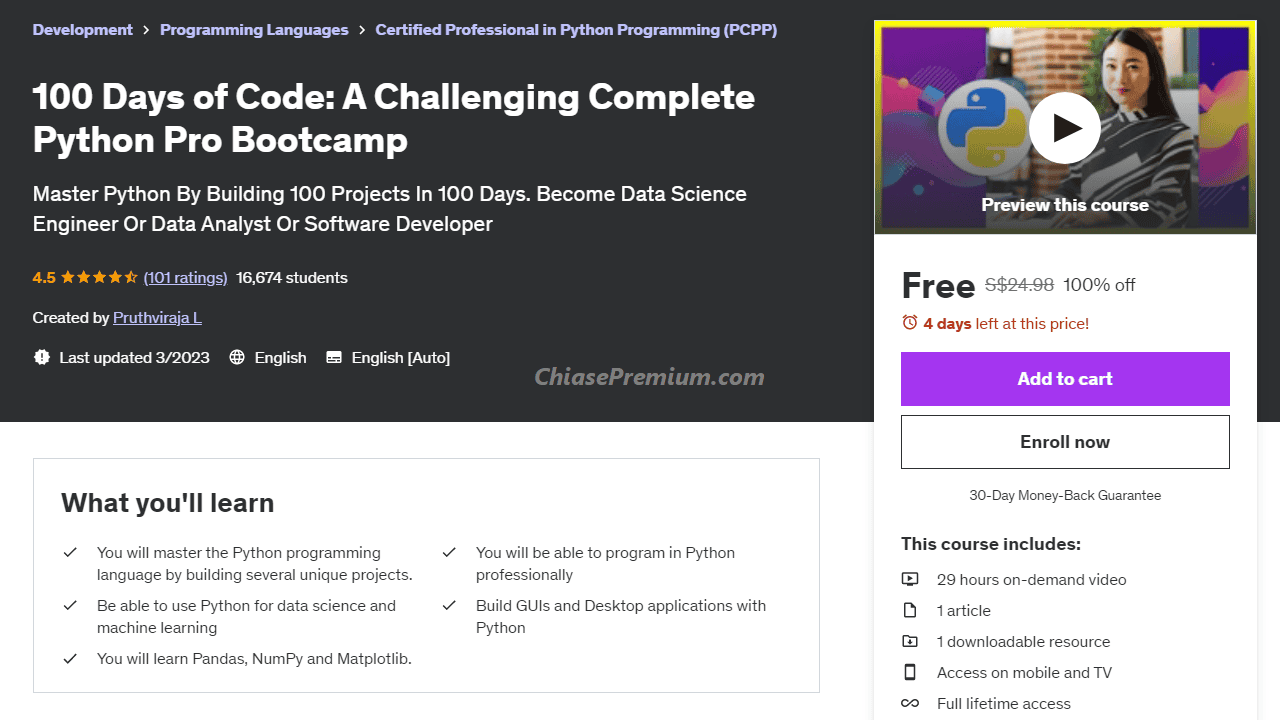 Free "100 Days of Code A Challenging Complete Python Pro Bootcamp" course