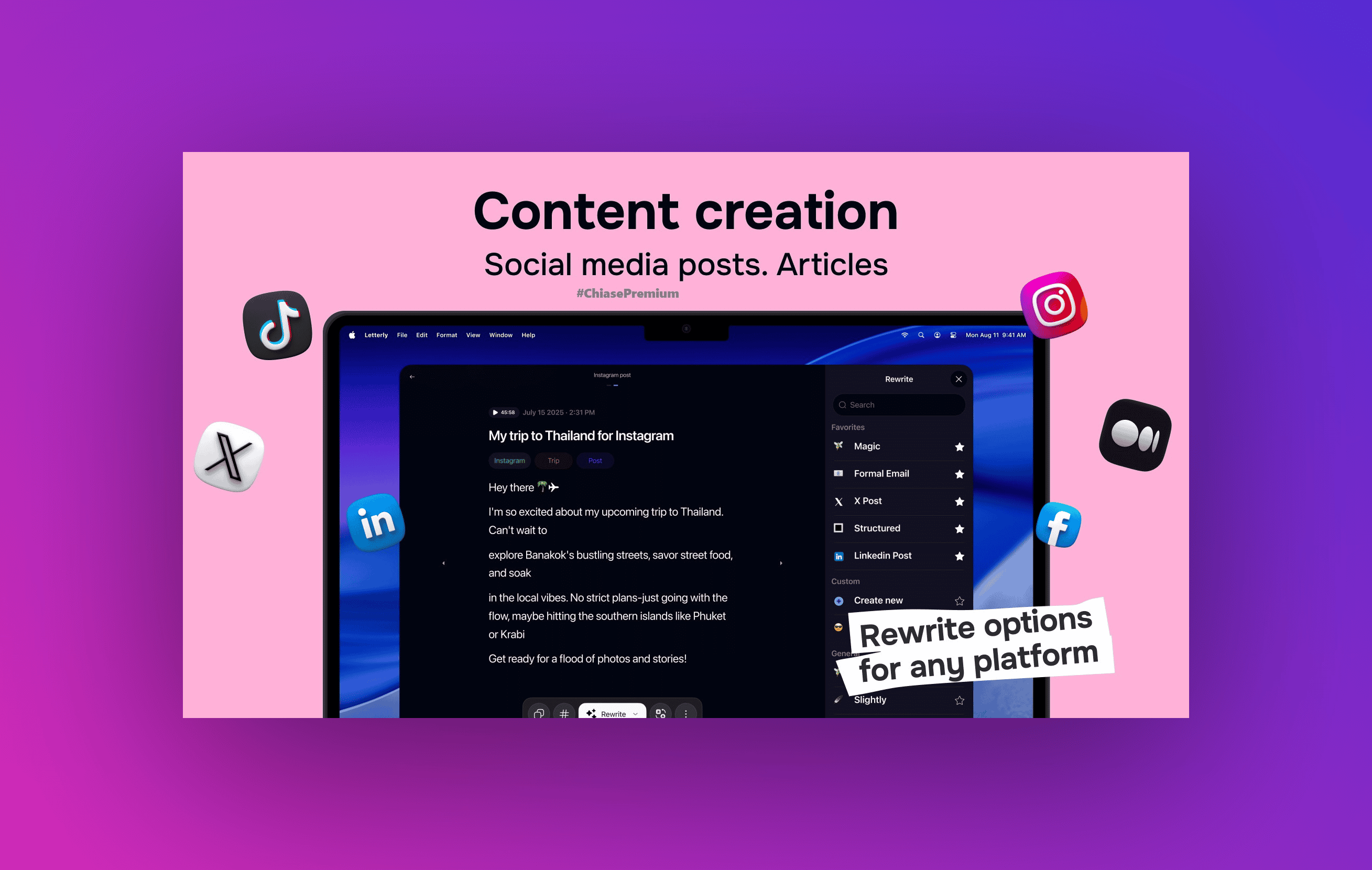 enerate social media posts for Instagram, LinkedIn, X, and more
