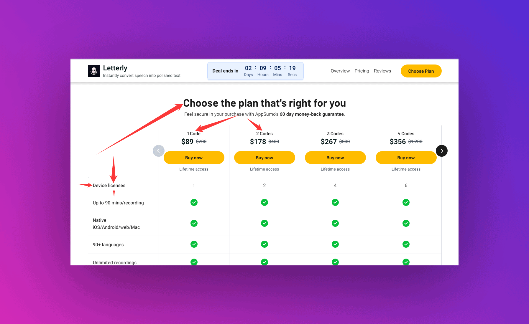 truy cập trang ưu đãi của Letterly trên AppSumo và chọn gói