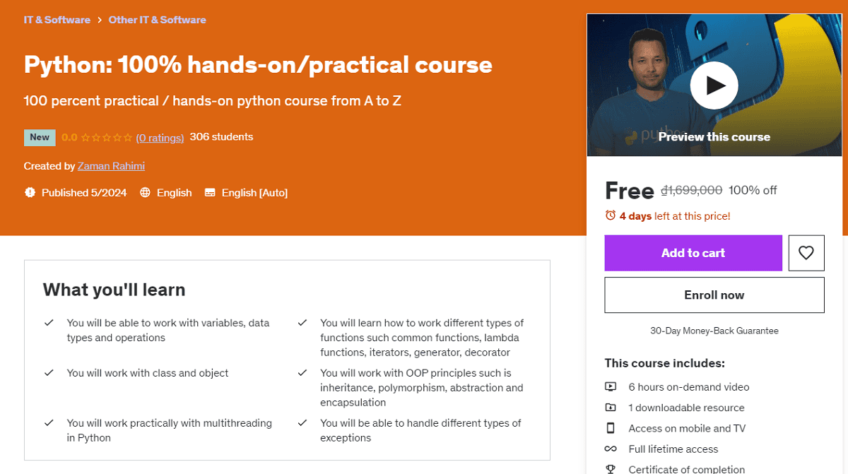 Python 100% hands-on/practical course