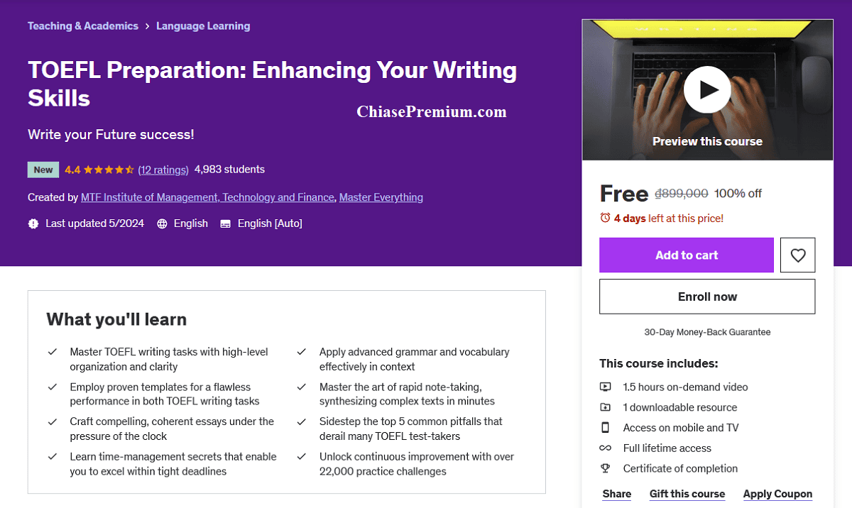 Free "TOEFL Preparation: Enhancing Your Writing Skills" course